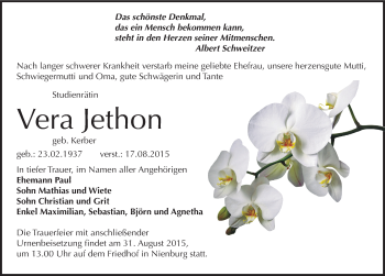 Traueranzeige von Vera Jethon von Mitteldeutsche Zeitung Bernburg