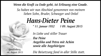 Traueranzeige von Hans-Dieter Peine von WVG - Wochenspiegel Quedlinburg