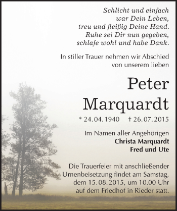 Traueranzeige von Peter Marquardt von Mitteldeutsche Zeitung Quedlinburg