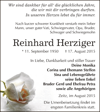 Traueranzeige von Reinhard Herziger von Super Sonntag Zeitz