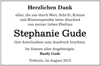 Traueranzeige von Stephanie Gude von Mitteldeutsche Zeitung Merseburg/Querfurt