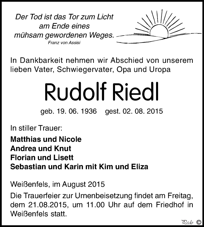  Traueranzeige für Rudolf Riedl vom 12.08.2015 aus WVG - Wochenspiegel NMB / WSF / ZTZ