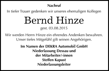 Traueranzeige von Bernd Hinze von Mitteldeutsche Zeitung