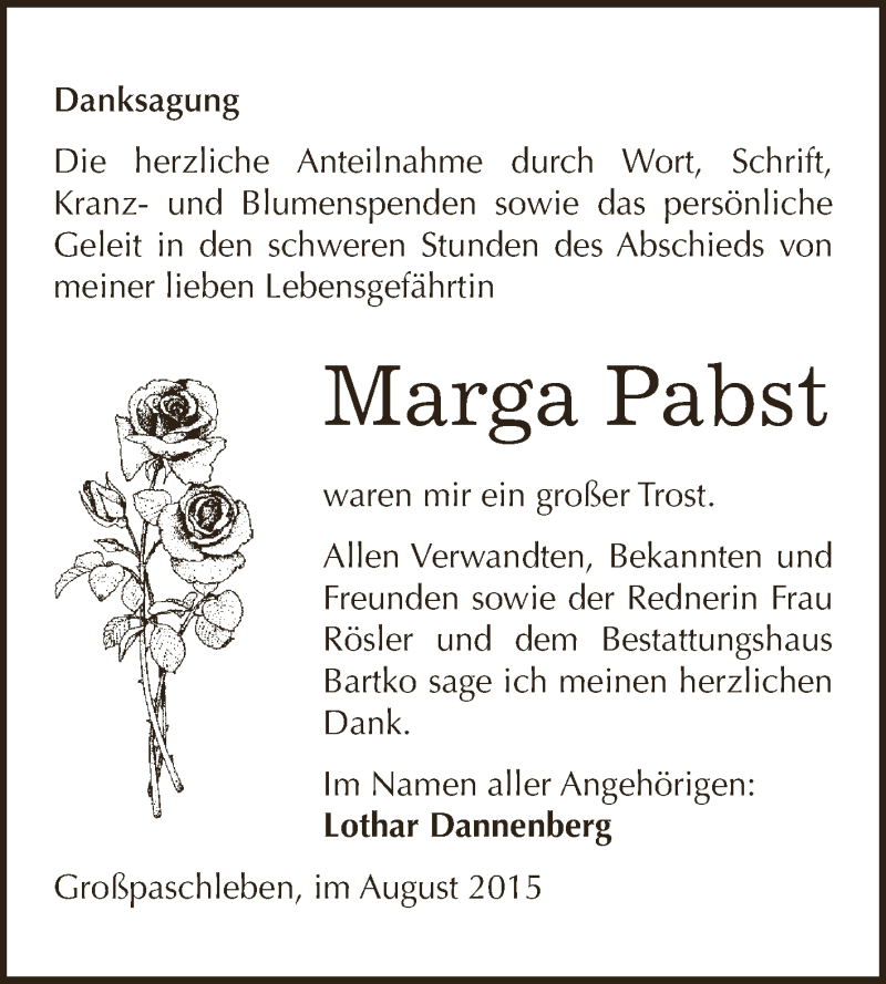  Traueranzeige für Marga  Pabst vom 08.08.2015 aus WVG - Wochenspiegel Dessau / Köthen
