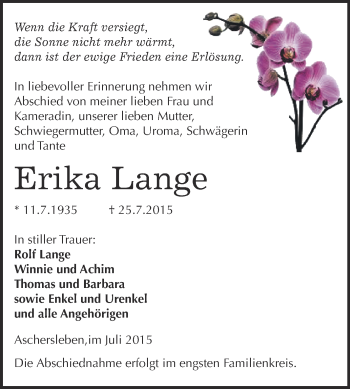 Traueranzeige von Erika Lange von Super Sonntag Aschersleben