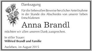 Traueranzeige von Anna Brandl von Super Sonntag SGH Mansf. Land