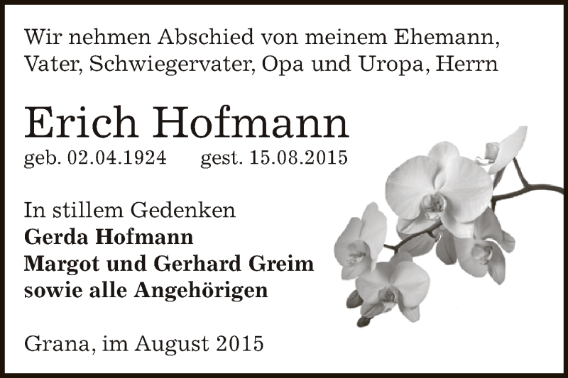  Traueranzeige für Erich Hofmann vom 22.08.2015 aus Super Sonntag Zeitz
