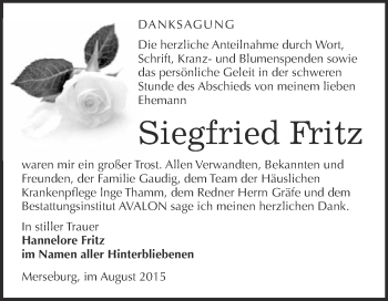 Traueranzeige von Siegfried Fritz von WVG - Wochenspiegel Merseburg