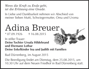 Traueranzeige von Adina Breuer von Super Sonntag Merseburg