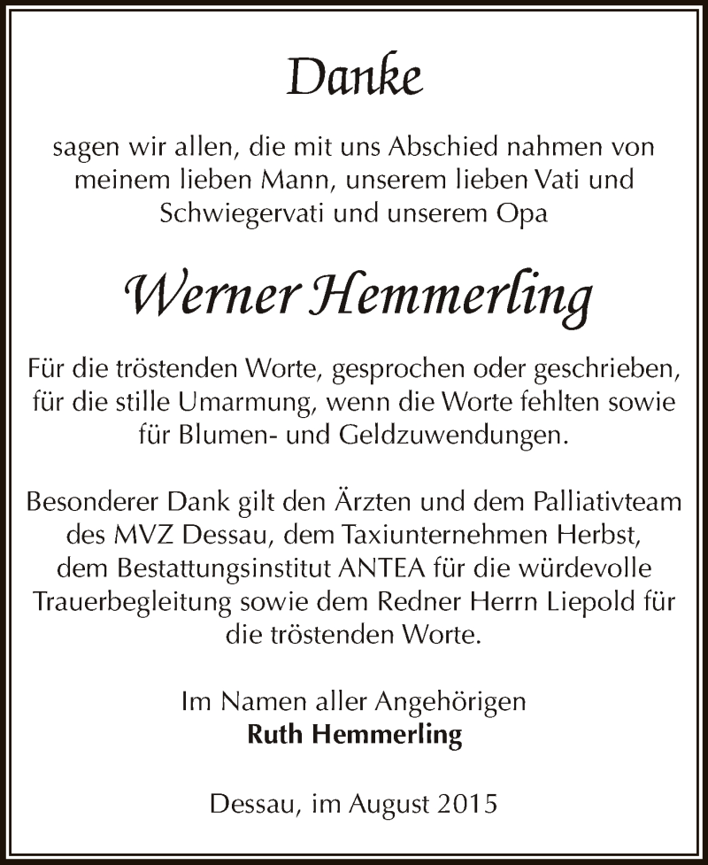  Traueranzeige für Werner Hemmerling vom 08.08.2015 aus WVG - Wochenspiegel Dessau / Köthen