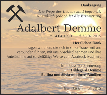 Traueranzeige von Adalbert Demme von WVG - Wochenspiegel Merseburg
