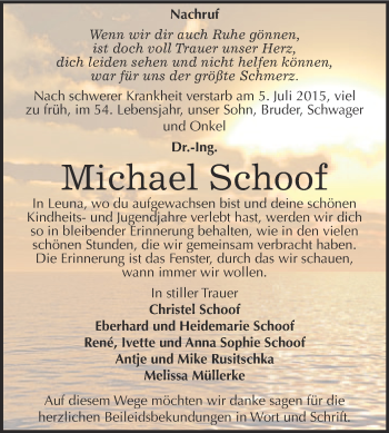Traueranzeige von Michael Schoof von WVG - Wochenspiegel Merseburg
