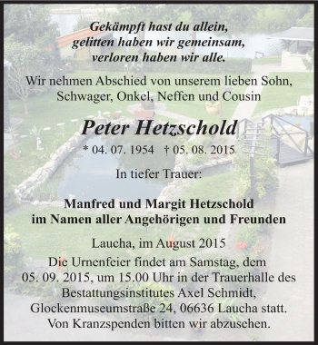 Traueranzeige von Peter Hetzschold von Mitteldeutsche Zeitung Naumburg/Nebra