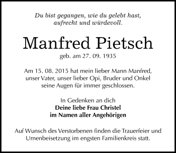 Traueranzeige von Manfred Pietsch von Mitteldeutsche Zeitung Dessau-Roßlau