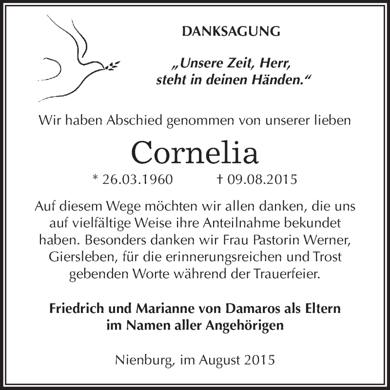  Traueranzeige für Cornelia von Damaros vom 29.08.2015 aus Super Sonntag Bernburg