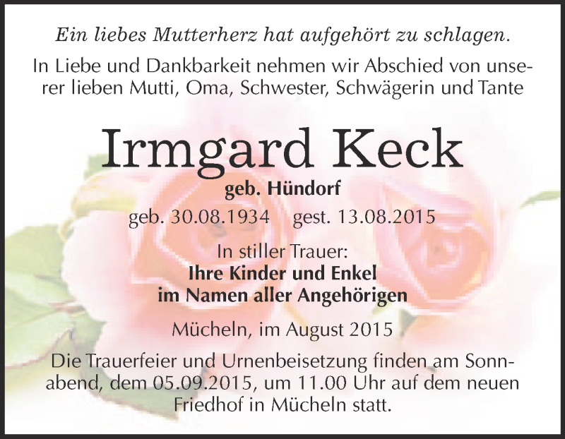  Traueranzeige für Irmgard Keck vom 22.08.2015 aus WVG - Wochenspiegel Merseburg