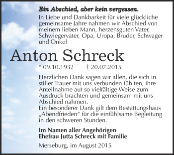 Traueranzeige von Anton Schreck von WVG - Wochenspiegel Merseburg