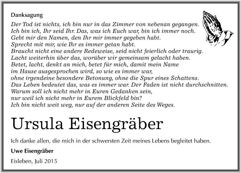  Traueranzeige für Ursula Eisengräber vom 08.08.2015 aus Mitteldeutsche Zeitung Mansfelder Land