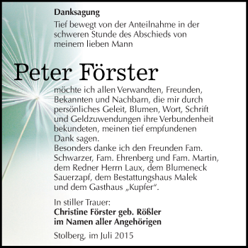 Traueranzeige von Peter Förster von Super Sonntag SGH Mansf. Land