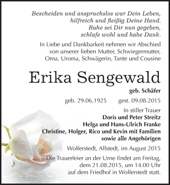 Traueranzeige von Erika Sengewald von Mitteldeutsche Zeitung Sangerhausen