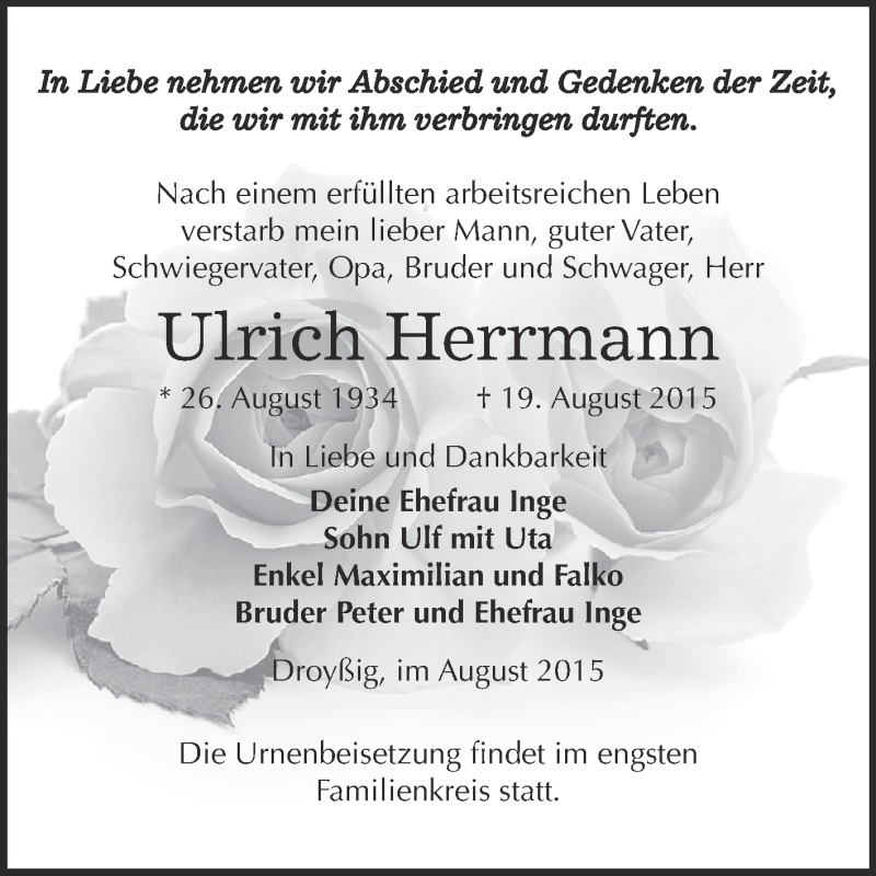  Traueranzeige für Ulrich Herrmann vom 22.08.2015 aus Super Sonntag Zeitz