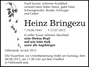Traueranzeige von Heinz Bringezu von Mitteldeutsche Zeitung Halle/Saalkreis