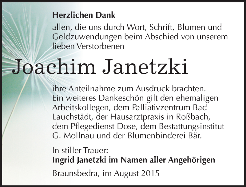  Traueranzeige für Joachim Janetzki vom 29.08.2015 aus Mitteldeutsche Zeitung Merseburg/Querfurt