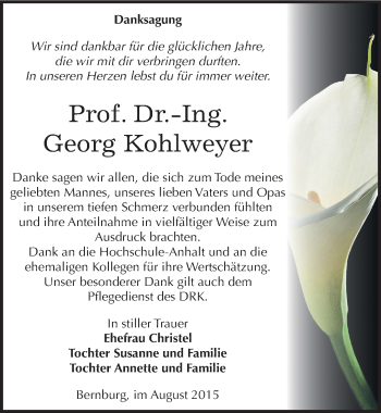 Traueranzeige von Georg Kohlweyer von Mitteldeutsche Zeitung Bernburg