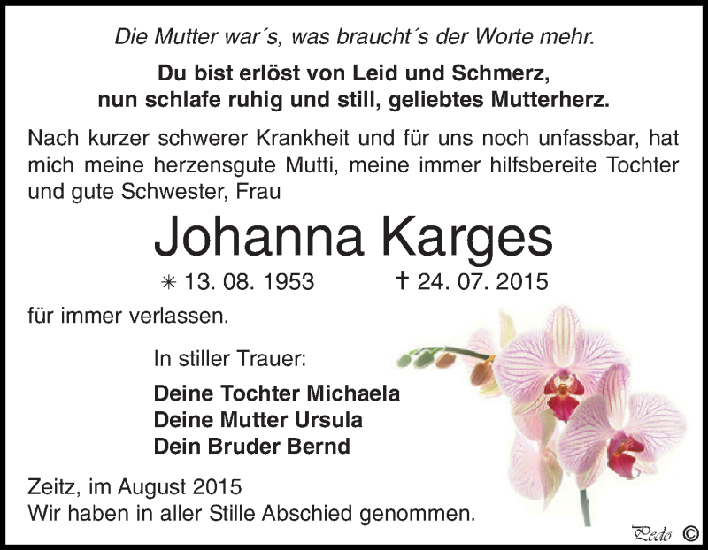  Traueranzeige für Johanna Karges vom 01.08.2015 aus Super Sonntag Zeitz