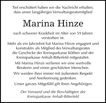 Traueranzeige von Marina Hinze von Mitteldeutsche Zeitung Köthen