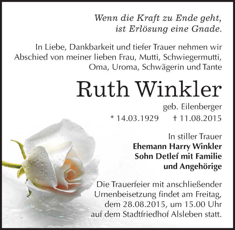  Traueranzeige für Ruth Winkler vom 15.08.2015 aus Mitteldeutsche Zeitung Weißenfels