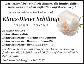 Traueranzeige von Klaus-Dieter Schilling von Mitteldeutsche Zeitung Wittenberg