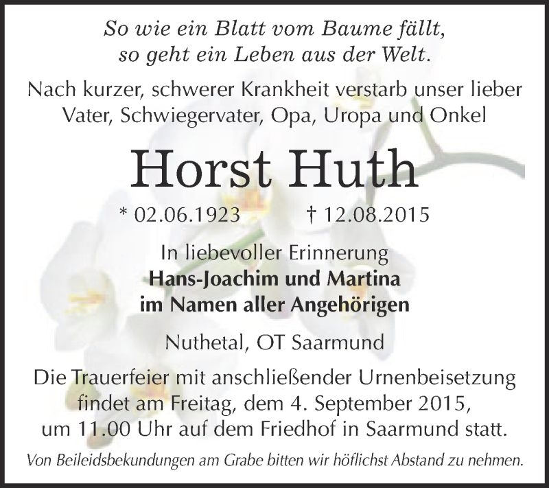  Traueranzeige für Horst Huth vom 29.08.2015 aus Super Sonntag Wittenberg