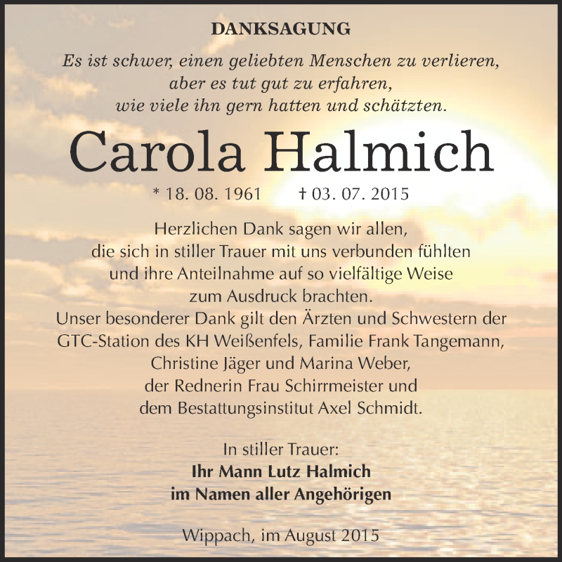  Traueranzeige für Carola Halmich vom 12.08.2015 aus WVG - Wochenspiegel NMB / WSF / ZTZ