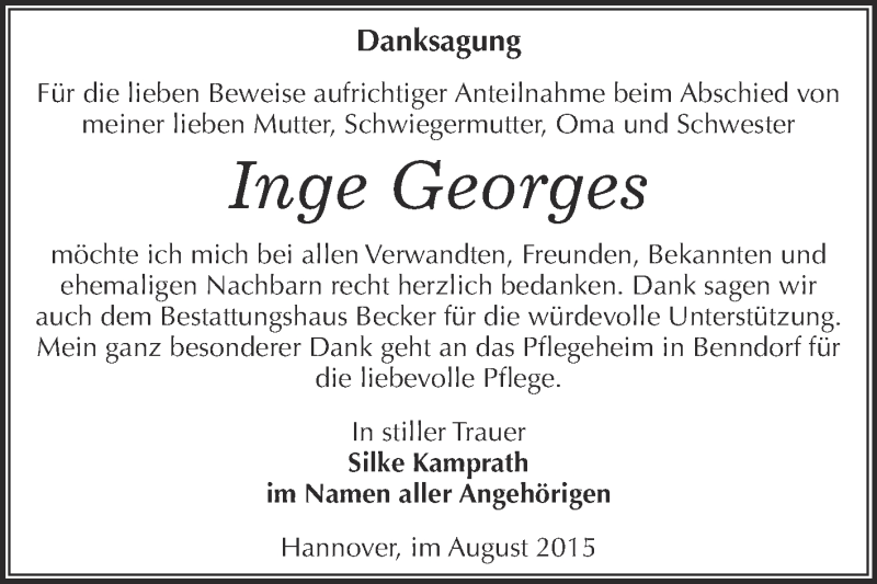  Traueranzeige für Inge Georges vom 15.08.2015 aus Super Sonntag SGH Mansf. Land