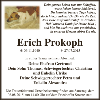 Traueranzeige von Erich Prokoph von WVG - Wochenspiegel Dessau / Köthen