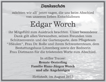 Traueranzeige von Edgar Worch von Wochenspiegel Mansfelder Land