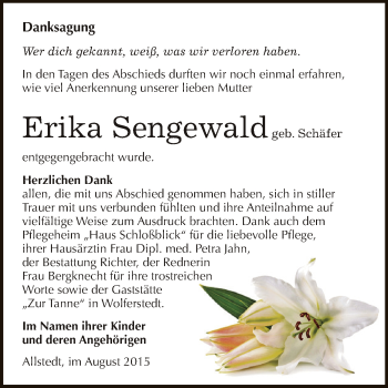 Traueranzeige von Erika Sengewald von Super Sonntag SGH Mansf. Land