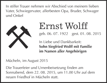 Traueranzeige von Ernst Wolff von WVG - Wochenspiegel Merseburg