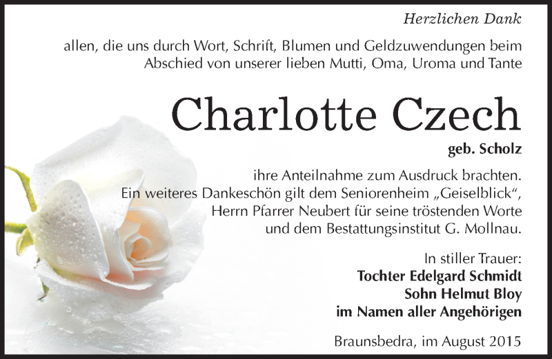  Traueranzeige für Charlotte Czech vom 01.08.2015 aus Mitteldeutsche Zeitung Merseburg/Querfurt