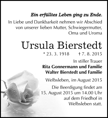 Traueranzeige von Ursula Bierstedt von Mitteldeutsche Zeitung