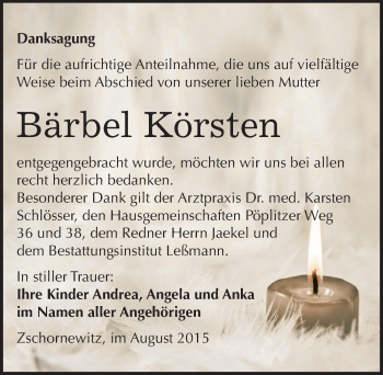Traueranzeige von Bärbel Körsten von Mitteldeutsche Zeitung Wittenberg