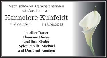 Traueranzeige von Hannelore Kuhfeldt von Mitteldeutsche Zeitung Dessau-Roßlau