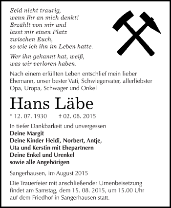 Traueranzeige von Hans Läbe von Super Sonntag SGH Mansf. Land