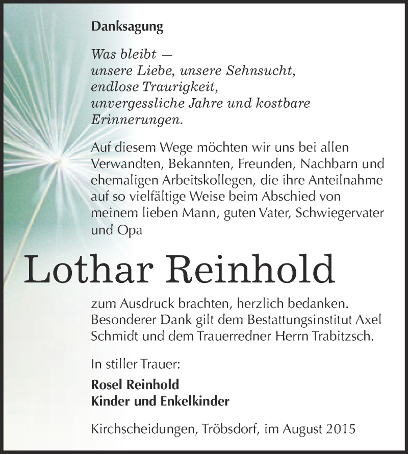  Traueranzeige für Lothar Reinhold vom 26.08.2015 aus WVG - Wochenspiegel NMB / WSF / ZTZ