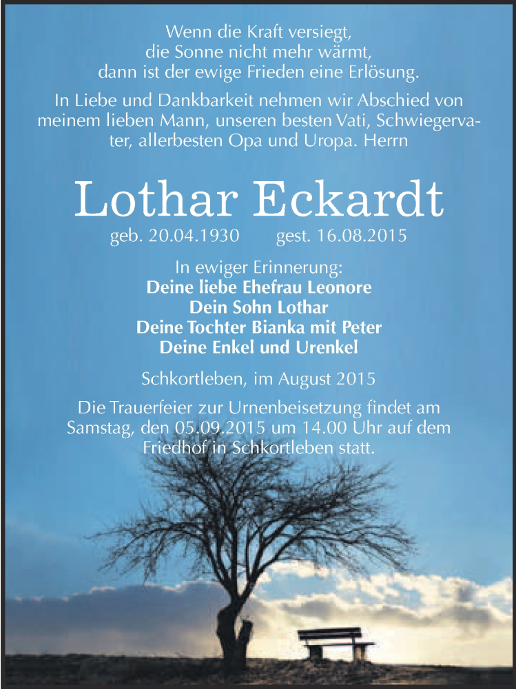  Traueranzeige für Lothar Eckardt vom 26.08.2015 aus WVG - Wochenspiegel NMB / WSF / ZTZ