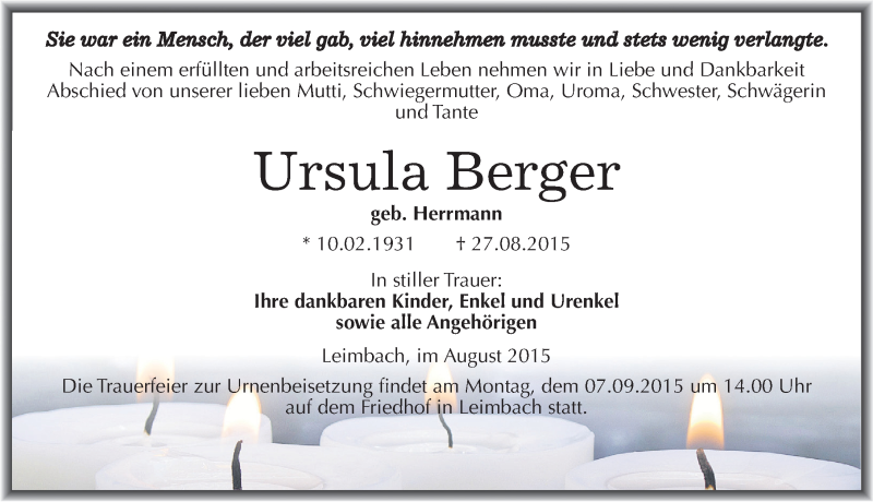  Traueranzeige für Ursula Berger vom 29.08.2015 aus Mitteldeutsche Zeitung Mansfelder Land