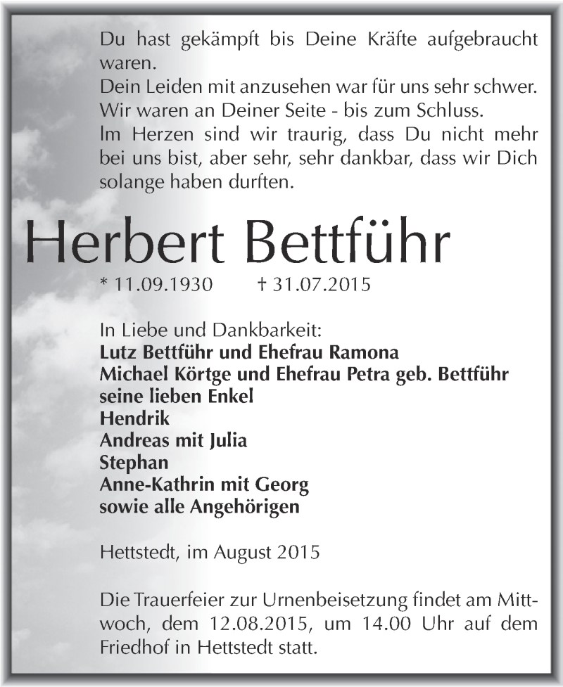  Traueranzeige für Herbert Bettführ vom 08.08.2015 aus Super Sonntag SGH Mansf. Land