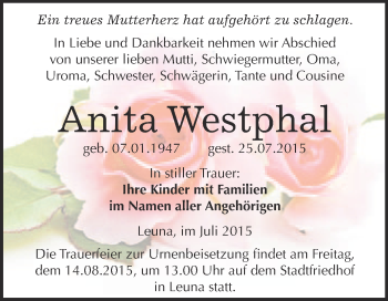 Traueranzeige von Anita Westphal von WVG - Wochenspiegel Merseburg