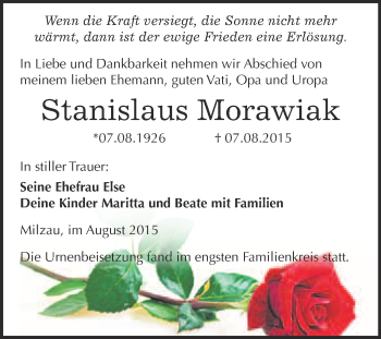 Traueranzeige von Stanislaus Morawiak von WVG - Wochenspiegel Merseburg